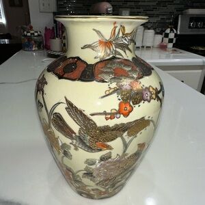 vintage Japanese Satsuma Style Vase Moriage Birds Floral Gold Crackle Glaze